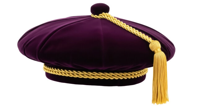 Purple velvet academic cap PNG isolated on transparent background, doctoral graduation hat with gold tassel for commencement ceremony