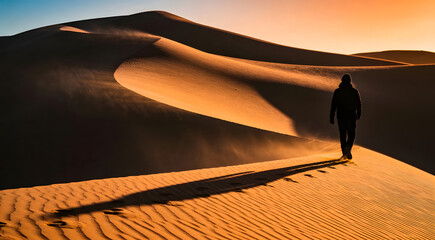 Silhouette of lonely man walking on sand dune ridge at sunset with long shadow and wind blowing dust in vast desert landscape