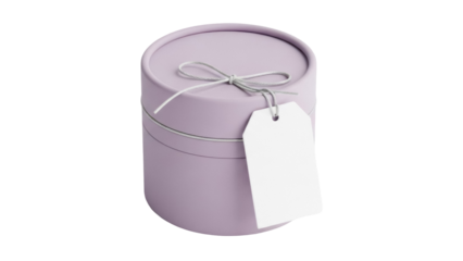 Lilac round gift box with tag isolated on transparent background PNG, present for birthday or special occasion