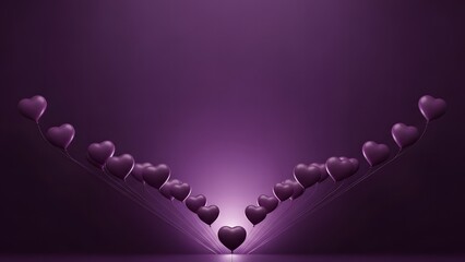 A symmetrical arrangement of glowing purple hearts descends in a sharp V-shape towards a single, prominent heart at the bottom, creating a visually striking and romantic abstract composition.