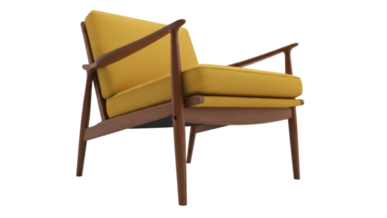 Mid-century modern yellow armchair isolated PNG on transparent background, vintage lounge chair with wooden frame for interior design