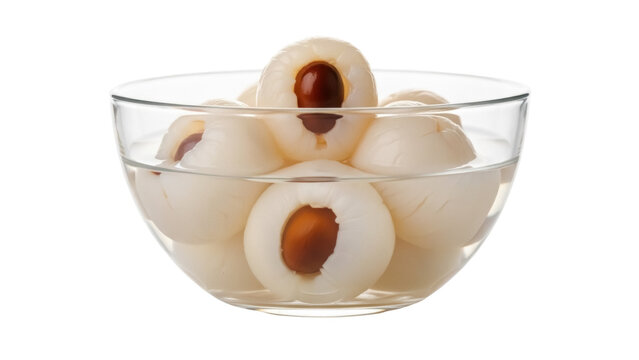 Peeled lychees in a glass bowl isolated PNG, sweet tropical fruit with translucent white flesh and a dark brown seed on transparent background
