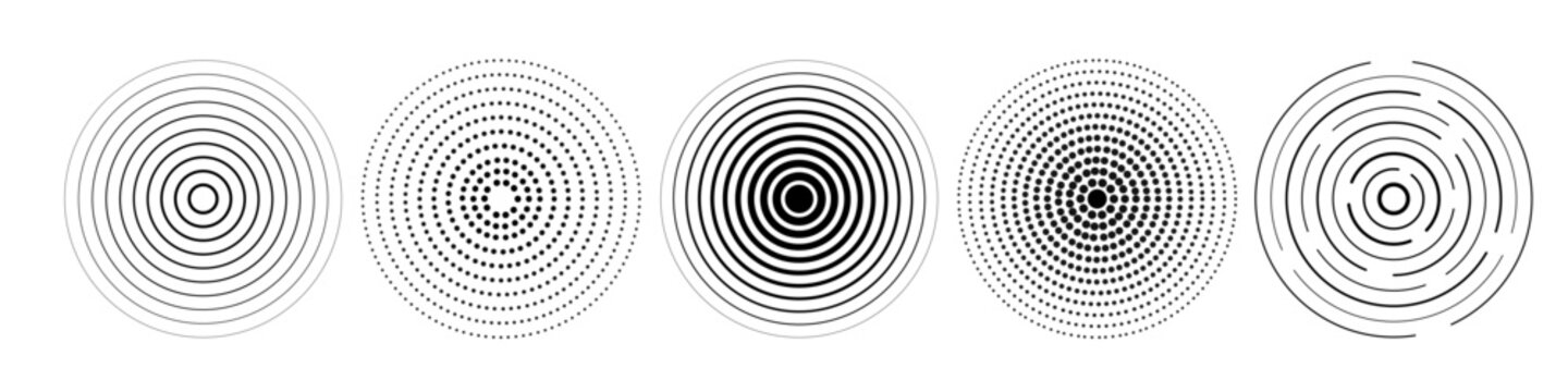 Linear set of radar icons, sonar waves, concentric radial signal circles, echo sounder symbols. Vector black and white illustration on a transparent background for interfaces and infographics