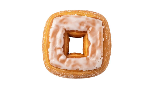 Square cronut with icing isolated PNG on transparent background, delicious pastry with flaky layers and sweet glaze for dessert