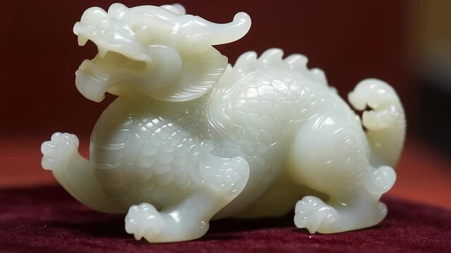 Close up of white jade dragon sculpture on red