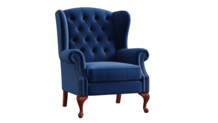 Elegant navy blue wingback armchair isolated PNG, luxurious velvet tufted accent chair for living room or bedroom interior design