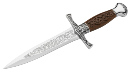 Scottish dirk PNG isolated on transparent background, traditional dagger with Celtic knotwork and thistle engravings for historical design