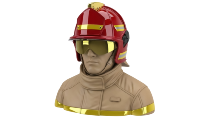 Firefighter bust with red helmet isolated PNG, realistic fireman figure on transparent background for emergency services and safety concepts