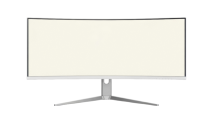 Curved ultrawide monitor PNG isolated on transparent background, modern display for gaming and professional use, silver frame and stand