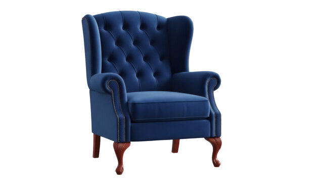 Elegant navy blue wingback armchair isolated PNG, luxurious velvet tufted accent chair for living room or bedroom interior design