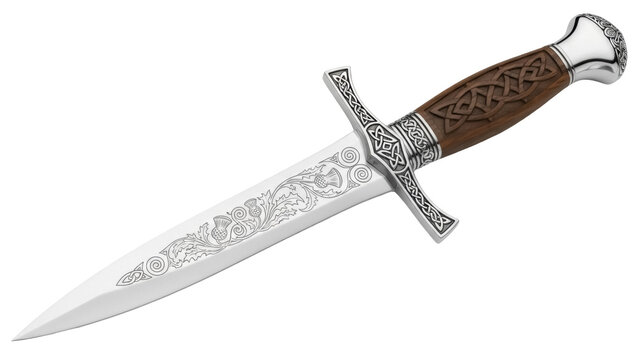 Scottish dirk PNG isolated on transparent background, traditional dagger with Celtic knotwork and thistle engravings for historical design