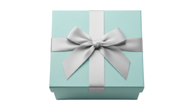 Light blue gift box with silver ribbon isolated PNG, present for special occasions on transparent background - Powered by Adobe
