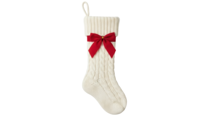 Knitted Christmas stocking with red bow isolated PNG, festive holiday decoration for gifts and seasonal cheer on transparent background
