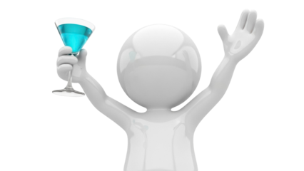 Celebrating 3D stick figure holding a blue cocktail isolated PNG, party celebration concept for graphic design and festive events