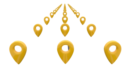Golden map pin icons isolated PNG, location pointer symbols for navigation and travel apps on transparent background