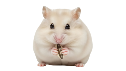 Adorable hamster eating a sunflower seed PNG isolated on transparent background, cute pet rodent with food for animal and wildlife concepts