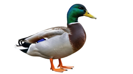 Obraz premium Mallard duck isolated PNG on transparent background, colorful male wildfowl with green head and orange legs, waterfowl bird for design use