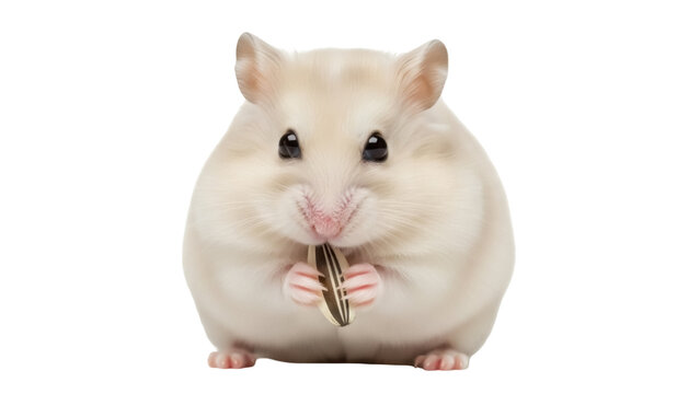Adorable hamster eating a sunflower seed PNG isolated on transparent background, cute pet rodent with food for animal and wildlife concepts