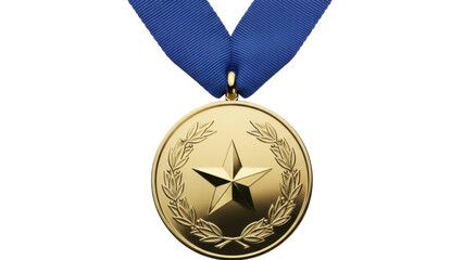 Gold medal with star and laurel wreath isolated PNG, award for sports or academic achievement on...