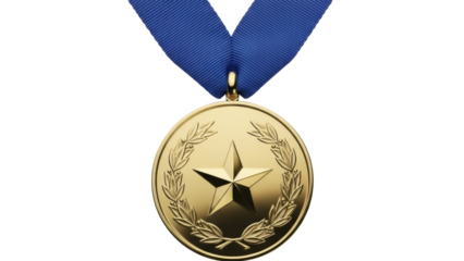 Gold medal with star and laurel wreath isolated PNG, award for sports or academic achievement on transparent background