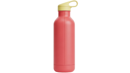 Coral pink water bottle with yellow lid isolated PNG, reusable container for hydration and fitness on transparent background