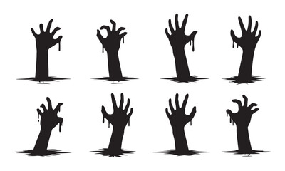 Silhouettes of spooky zombie hands emerging from the ground for halloween horror designs