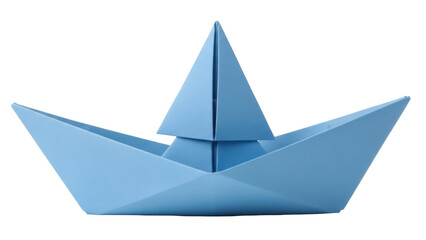 Light blue paper boat isolated PNG, origami ship for nautical themes and childhood crafts on transparent background