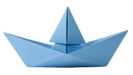 Light blue paper boat isolated PNG, origami ship for nautical themes and childhood crafts on transparent background