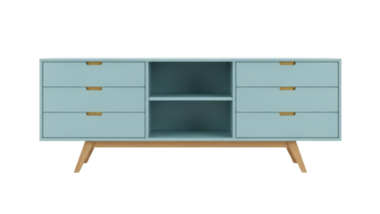 Light blue mid-century modern media console with wooden legs isolated PNG, stylish TV stand with drawers and shelves for living room furniture