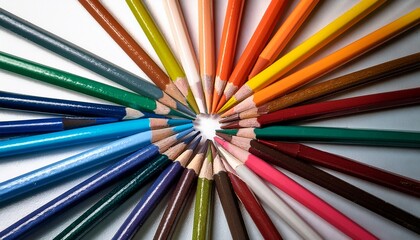 vibrant colored pencils arranged in a stunning radial pattern creating a captivating artistic display of hues and shades