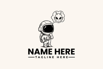 A simple black and white illustration of an astronaut with a smiling face bubble against a clean background, featuring placeholder text for a logo and tagline. © vectorvovdesign