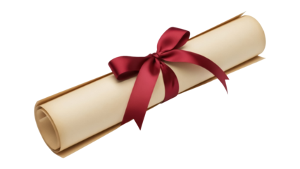 Diploma scroll with red ribbon isolated PNG on transparent background, graduation certificate for education and academic achievement