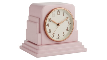 Retro pink art deco clock isolated PNG, vintage timepiece with gold hands and numerals on transparent background, decorative object