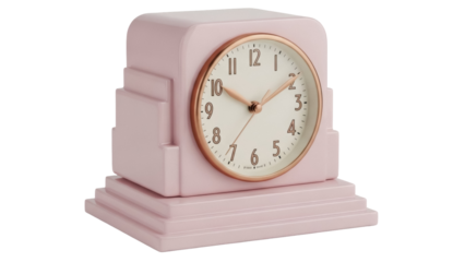 Retro pink art deco clock isolated PNG, vintage timepiece with gold hands and numerals on transparent background, decorative object