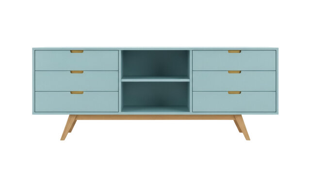 Light blue mid-century modern media console with wooden legs isolated PNG, stylish TV stand with drawers and shelves for living room furniture