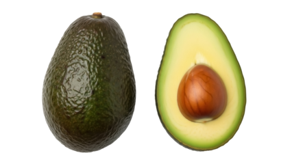 Two fresh avocados, one cut in half with seed isolated PNG on transparent background, healthy fruit for vegan and vegetarian diets