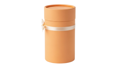 Peach-colored cylindrical gift box with ribbon isolated PNG, elegant packaging for presents and special occasions, on transparent background