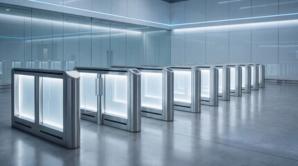 Modern security turnstiles with glowing panels in a futuristic building. Automated access control gates in a high-tech airport terminal or corporate office lobby