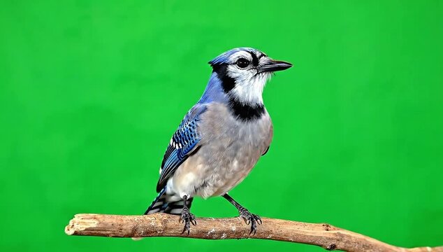 Three blue jays perched on a branch with different poses on green background on transparent background