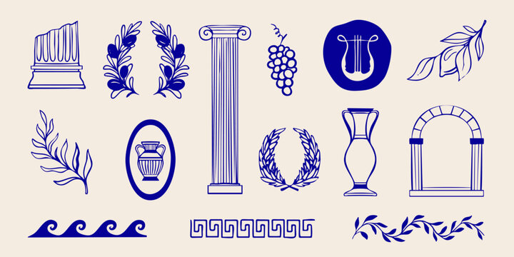 Hand drawn mediterranean Greece set with bohemian silhouette, antique vase and branch of olives. Vector illustration.