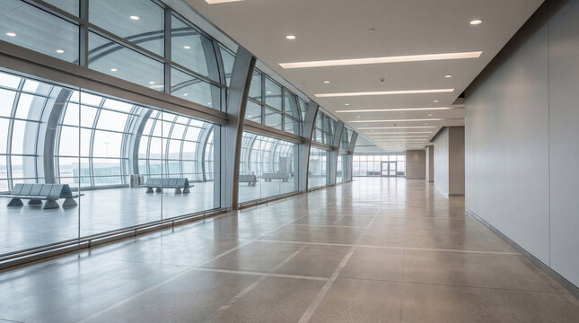 Empty airport terminal concourse with modern architecture. Spacious hallway with glass windows and metal seating. Interior of a contemporary transportation hub for travel and transit