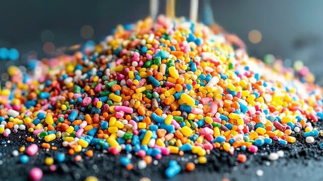 Colorful sprinkles piled high against a dark background top view
