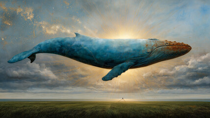 A surreal scene unfolds as a colossal whale gracefully floats through a sky above a verdant field, blending dreamlike fantasy.