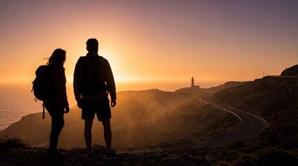 Silhouette of a couple with backpacks looking at a coastal sunset. Man and woman hikers standing on a cliff overlooking a winding road and lighthouse. Adventure and travel concept