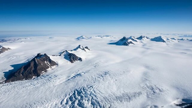 A sweeping aerial vista captures a vast glacier, its icy expanse punctuated by rugged mountains under a clear blue sky.