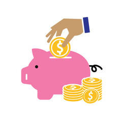 Save money icon. Hand saving money in a piggy bank. Economic, business, accounting. flat design style.
