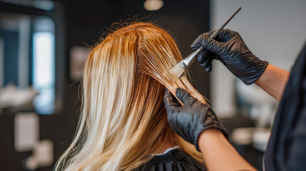Hair coloring process taking place in a salon with a stylist applying color to a client's hair