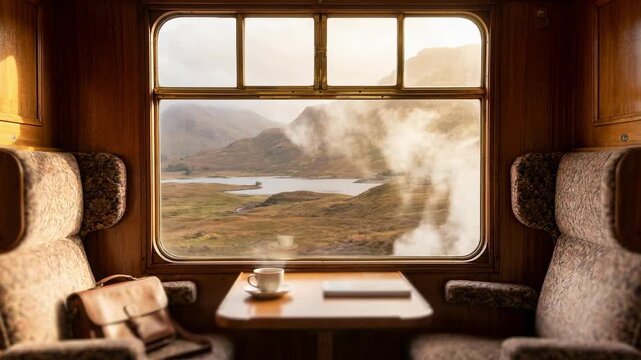 Vintage train interior, offering a unique perspective of the outside world, from the classic elegance of its design. The soft sunlight filters in, reflecting off the warm tones of the interior.