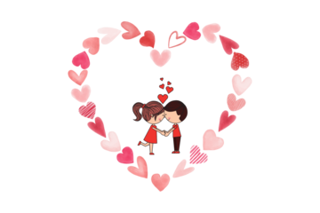 A cute cartoon illustration of a romantic couple holding a red heart balloon for a Valentine Day card design featuring pink flowers and wedding symbols of love