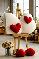 Large white figured canvas with two red heart shapes stands on wooden easel in studio.